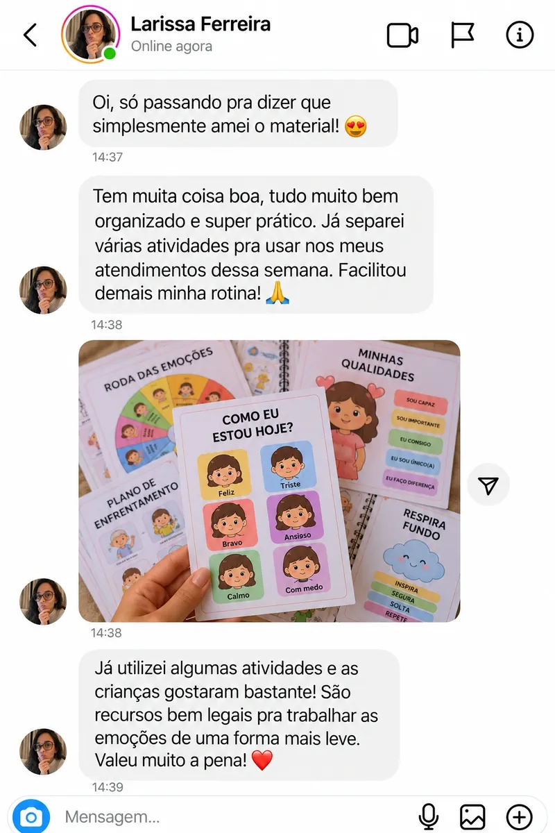 Simulação de conversa no Instagram sobre atividades ilustradas do material