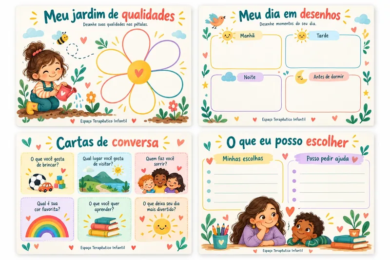 Novas atividades ilustradas de qualidades, desenhos do dia, cartas de conversa e escolhas